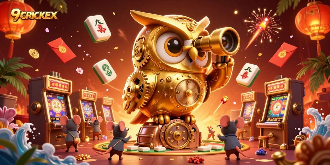 9CRICKEX offers a vibrant casino experience with a golden owl overseeing a bustling betting floor.