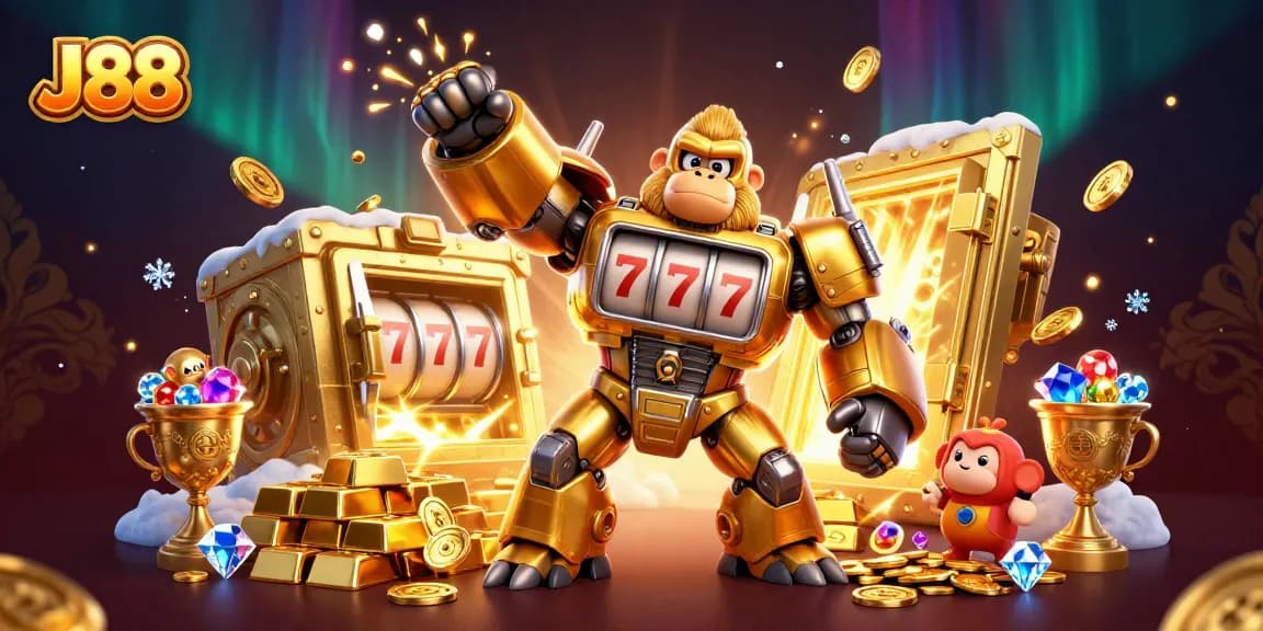 Experience thrilling gaming action with the J88 golden gorilla mech and dynamic casino elements.