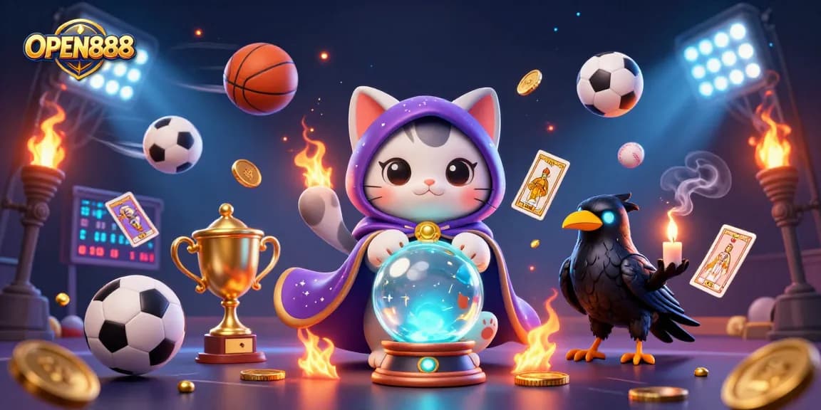 Join the excitement of OPEN888 with a mystical cat and sports-themed elements in a vibrant casino scene.