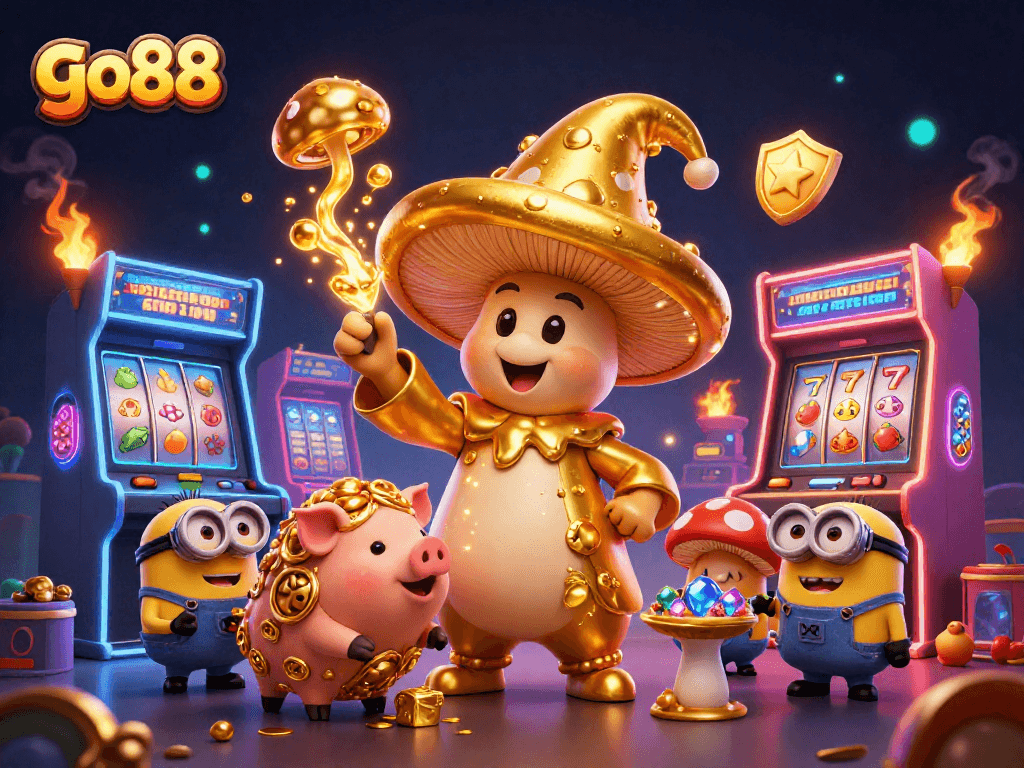 Experience thrilling excitement with go88's golden mushroom wizard channeling luck in vibrant casino scenes.