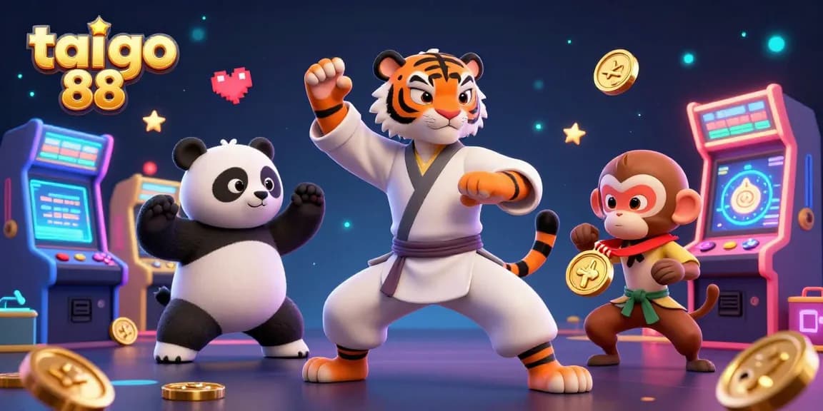 Win big with tai go 88 showcasing a kung fu tiger, panda, and monkey amid vibrant gaming elements.