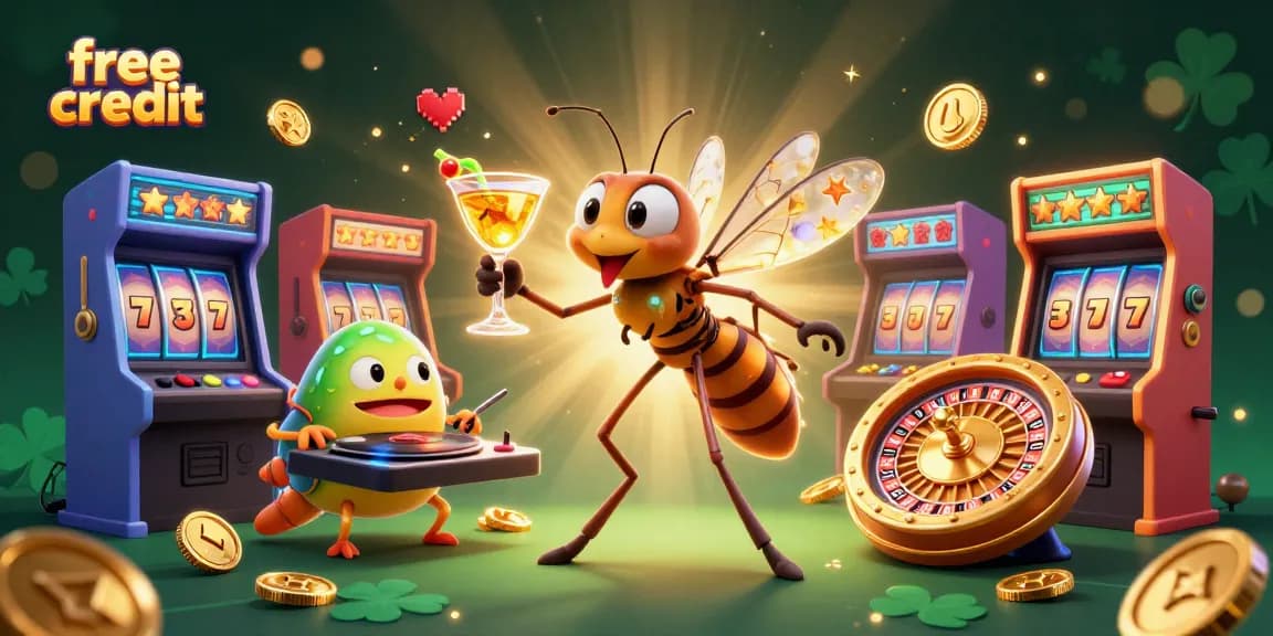 Experience free credit opportunities in an engaging casino scene with glowing game elements.