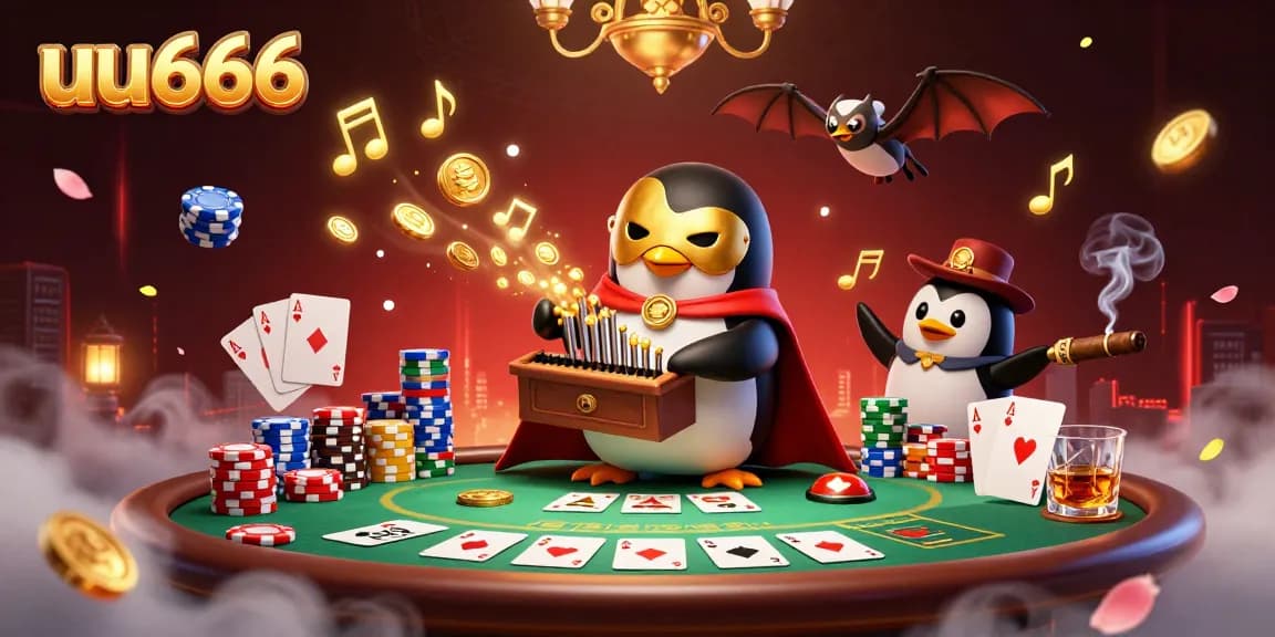 uu666 navigates thrilling poker scenes with a cartoon penguin playing the organ, coins flying!