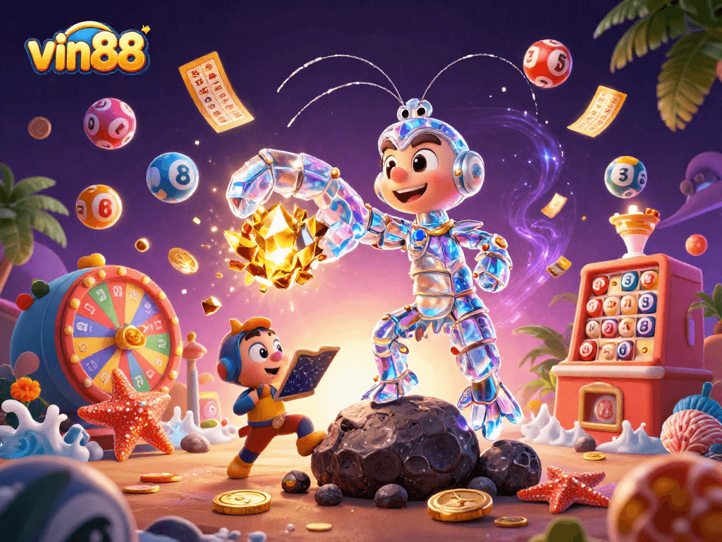 Spin to win exciting prizes with vin88's vibrant gaming scene in this dynamic 3D illustration.