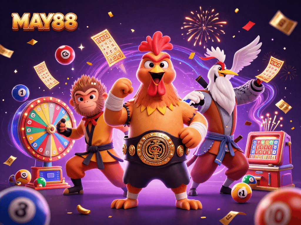Engage in thrilling MAY88 lottery action with vibrant characters and dynamic game elements!
