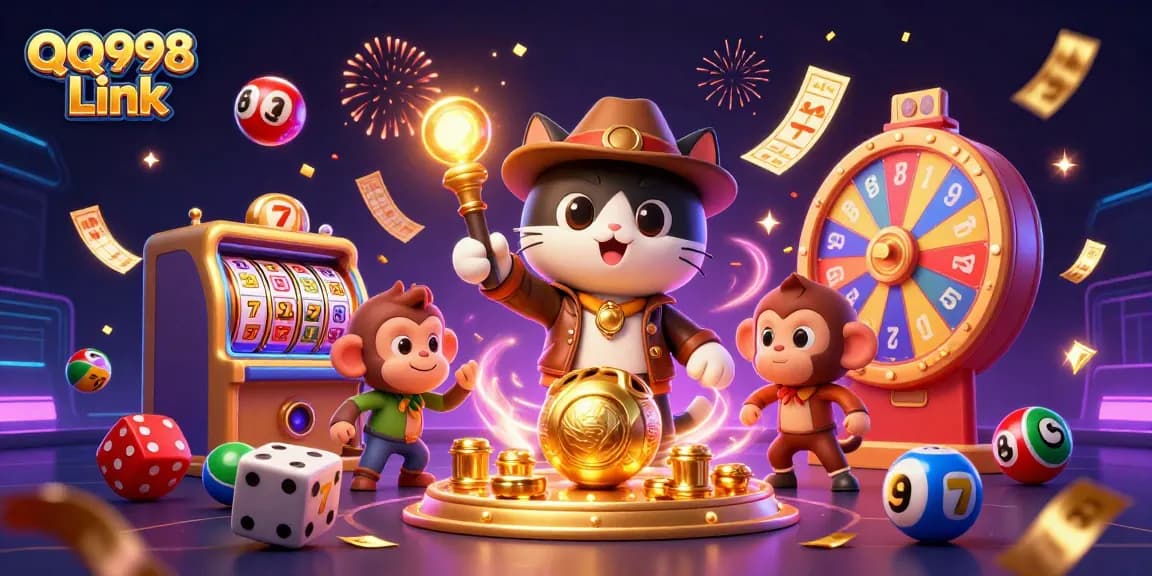 Engage with QQ998 Link game dynamics in a vibrant 3D casino adventure illustration.