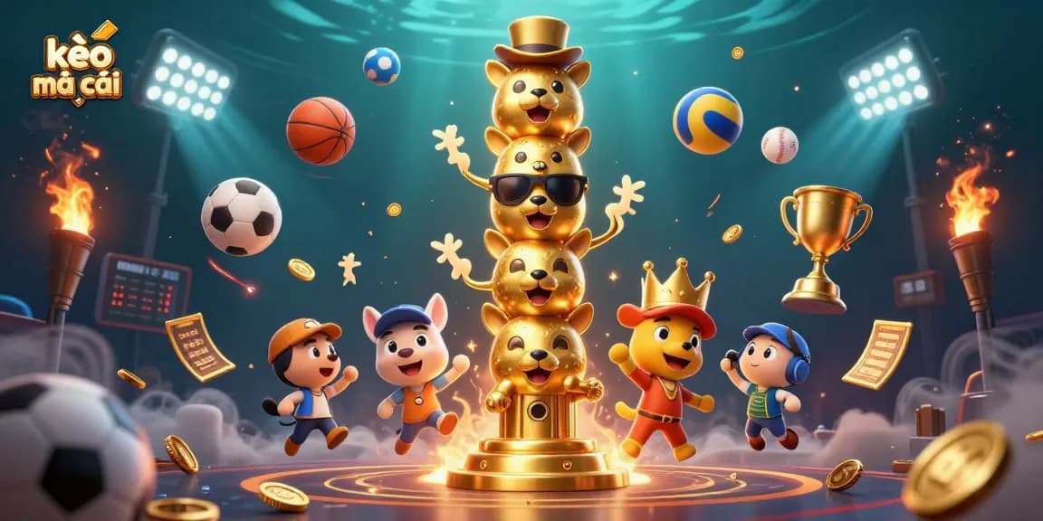 Experience kèo nhà cái with a magical totem pole and dynamic sports elements in this vibrant 3D illustration.