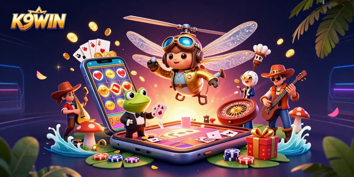 K9WIN offers thrilling gameplay with a dragonfly pilot and frog croupier in a vibrant casino scene.