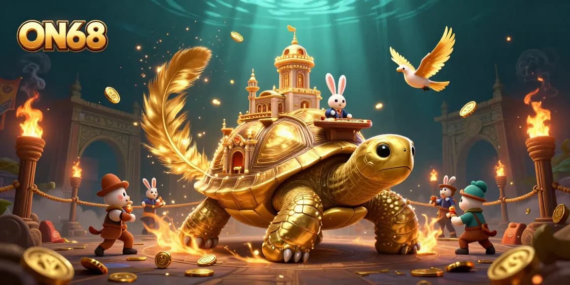 Engage with ON68 to win big at an exciting casino scene featuring a tortoise and dealer.