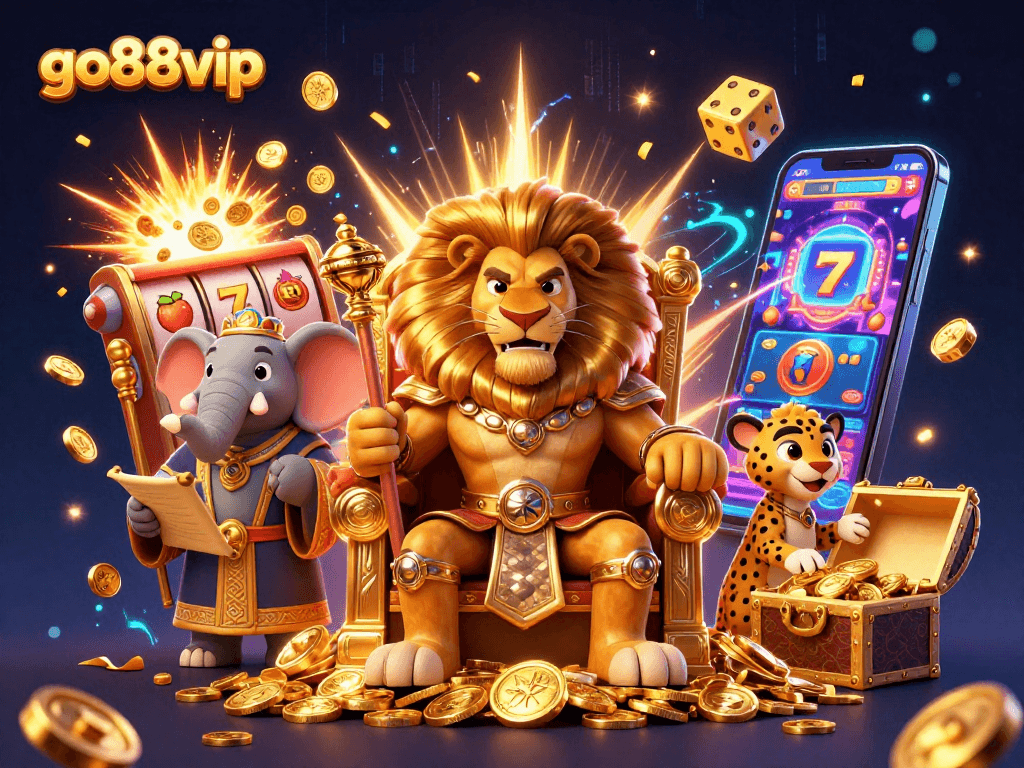 Engage with go88vip's vibrant casino adventure featuring a lion king and dynamic slots.