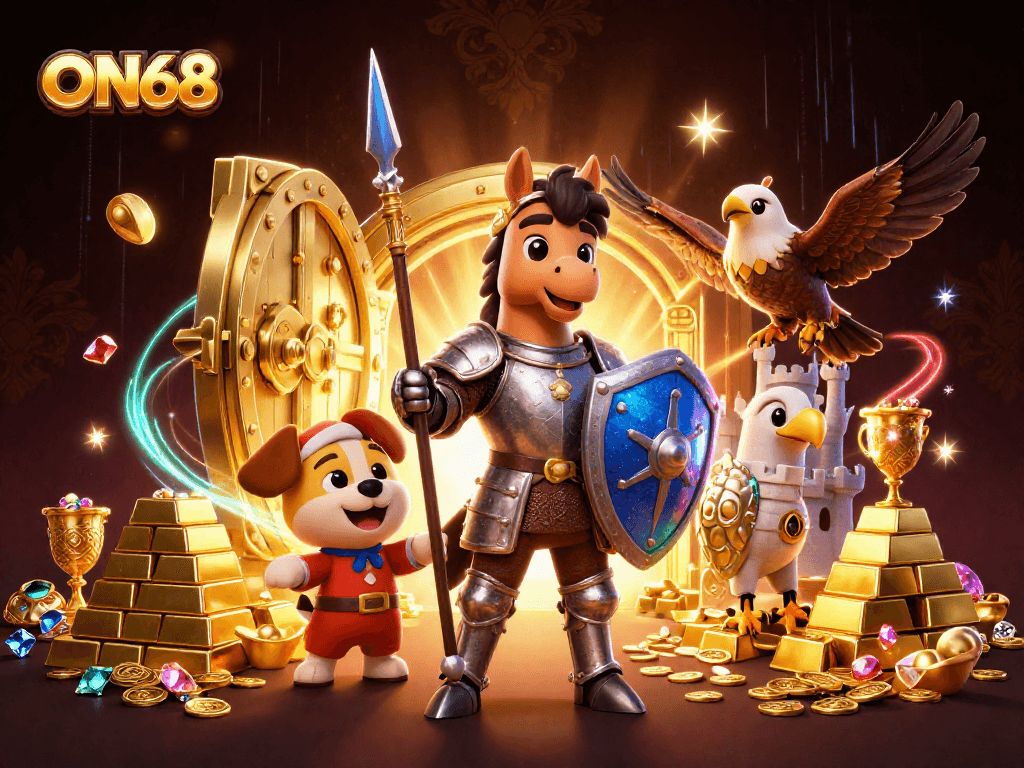 Experience the thrill with ON68 as medieval characters uncover treasures in this dynamic casino scene.