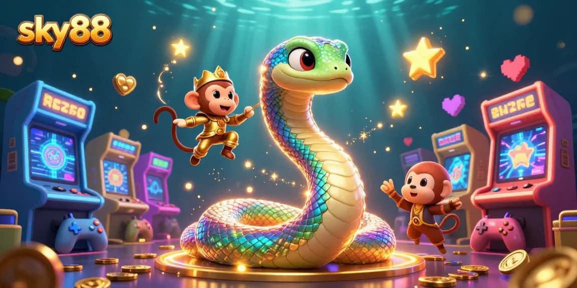 sky88 features a colorful 3D illustration of a rainbow serpent and monkey king in a dynamic casino scene.