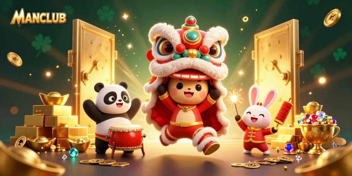 Experience the excitement of winning at MANCLUB casino with vibrant characters and treasure elements in a thrilling illustration.