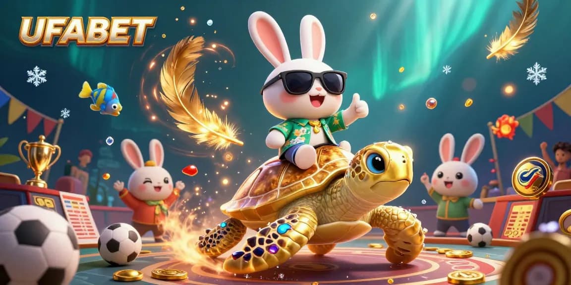 Experience the excitement of UFABET with a cartoon rabbit betting on sports while riding a golden turtle.
