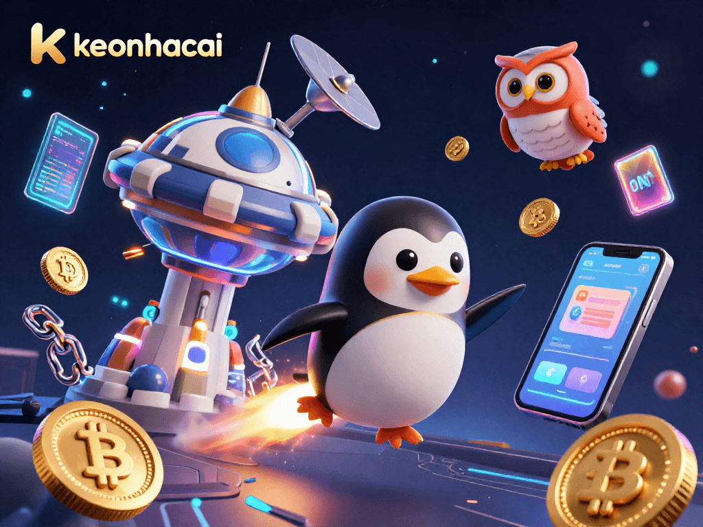 Experience the thrill of keonhacai gaming with a golden penguin and crypto elements in vibrant space.