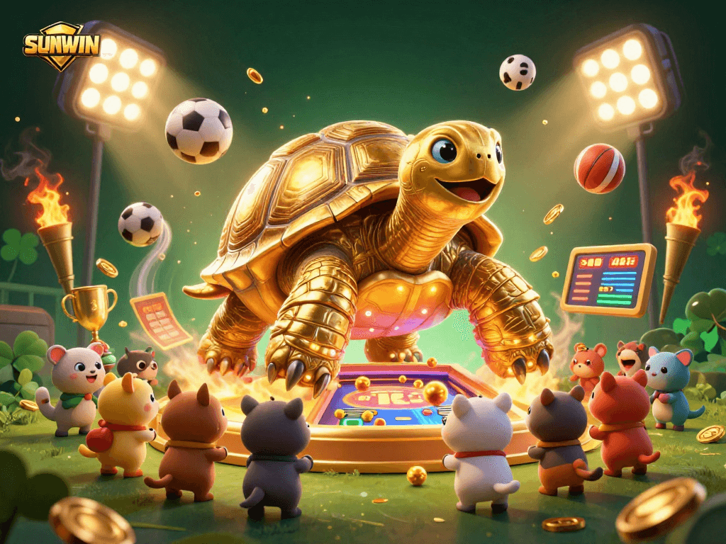 SUNWIN game enthusiasts eagerly engaging with a dynamic gambling scene featuring a golden tortoise pinball machine