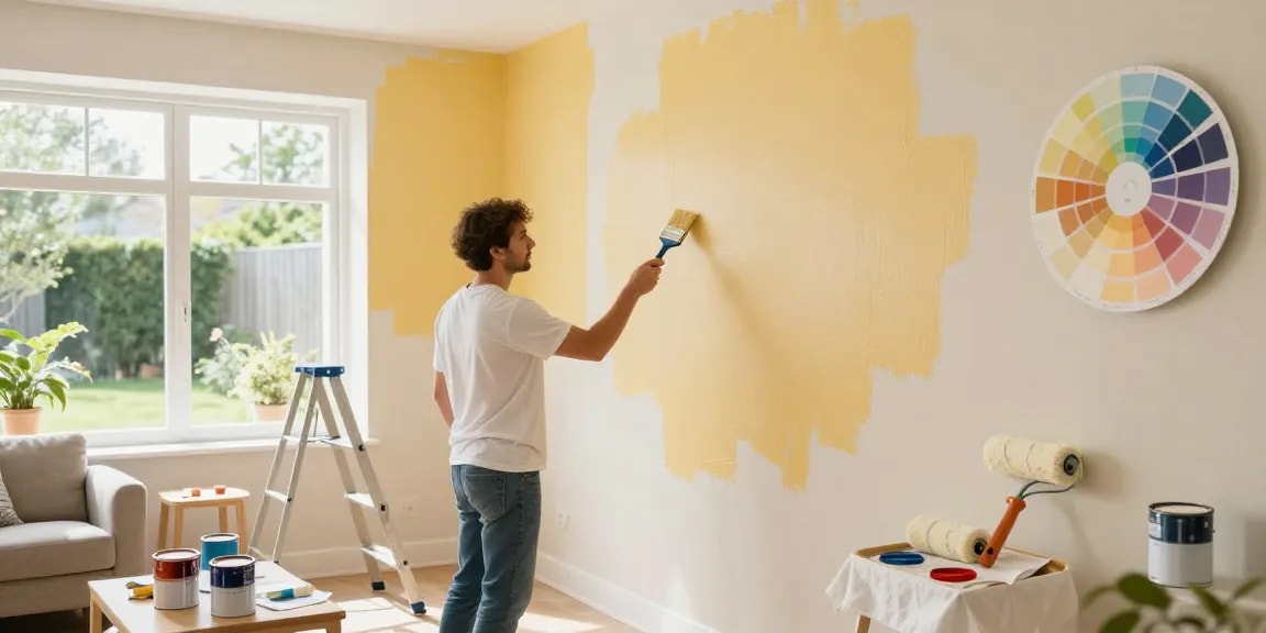 Lincoln Painter Reviews showcase a skilled painter transforming a home interior with high-quality craftsmanship and vibrant colors.
