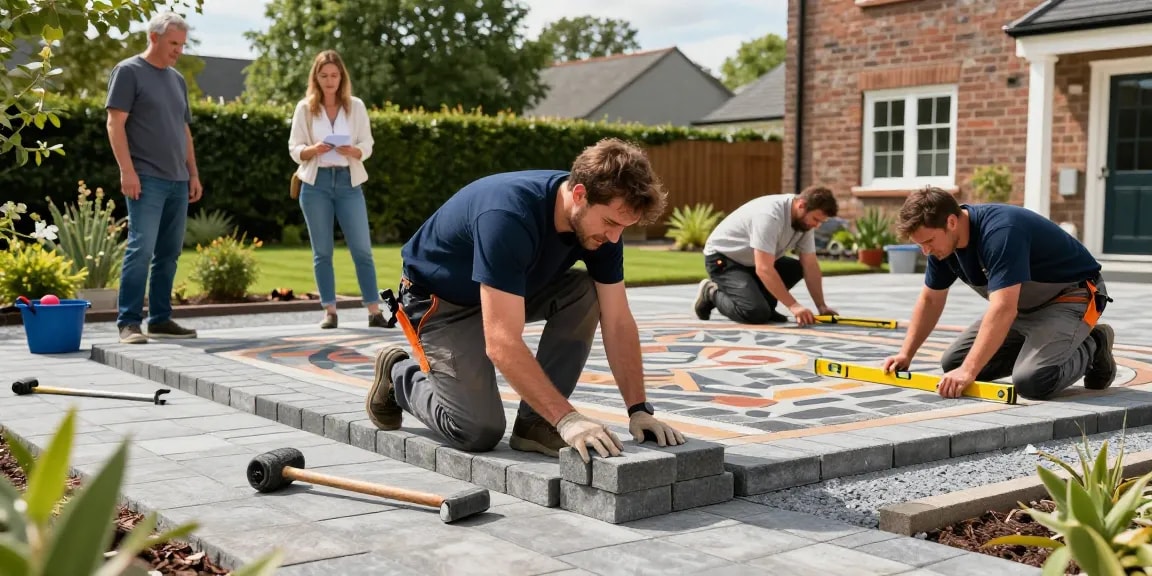 Paving contractors Dublin expertly laying a driveway with professional tools and craftsmanship.
