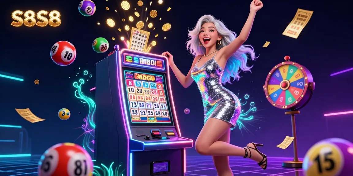 S8S8 showcases a lively casino scene with a joyful woman celebrating a jackpot win, surrounded by colorful gaming elements.