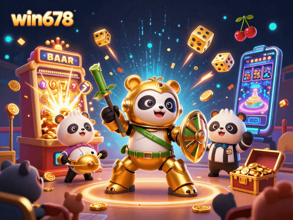 Win678 jackpot scene captures players thrilling with a golden panda mech in a bustling casino atmosphere.