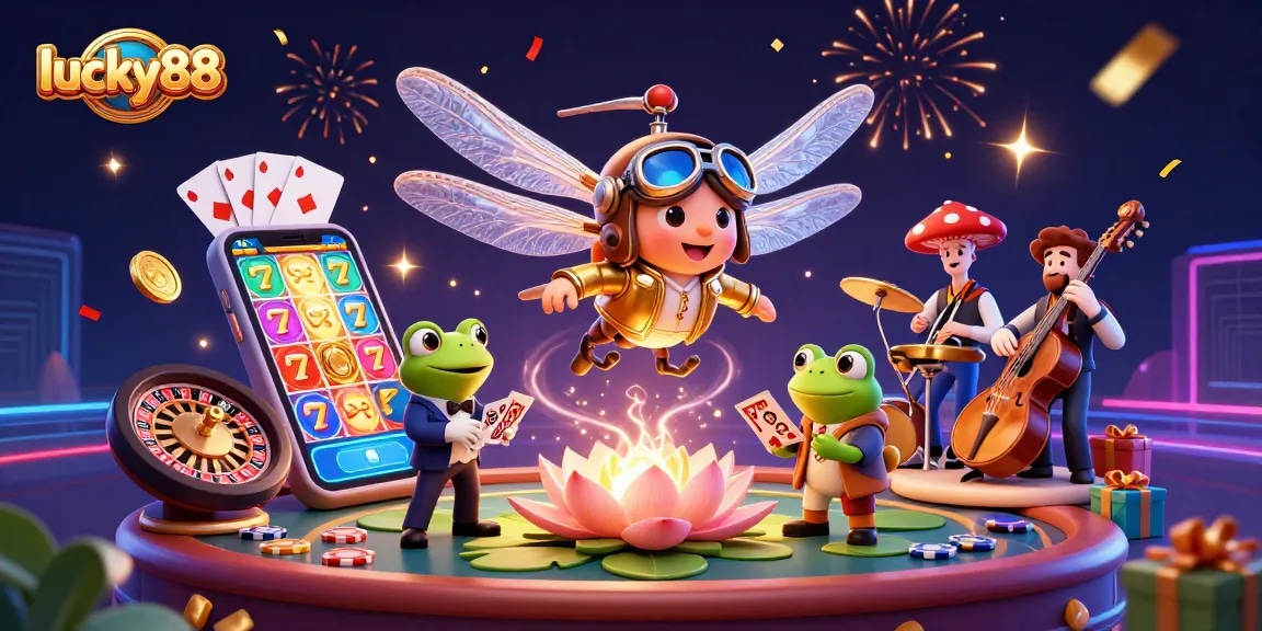 Join the excitement at lucky88 casino with our vibrant scene of a dragonfly pilot, frog croupier, and jazz musicians.
