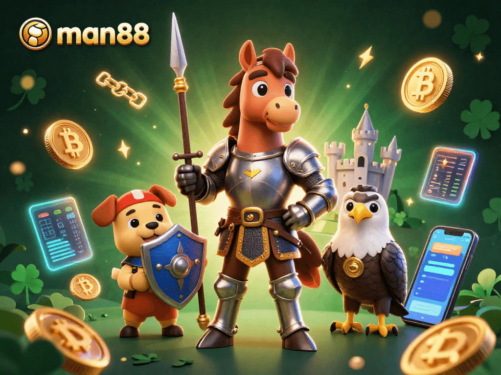 Engage with man88's vibrant crypto casino scene featuring bold characters and dynamic gaming elements.