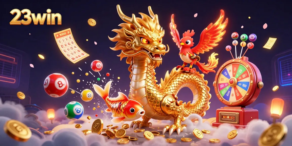Join the thrill of gaming with 23win's vibrant casino illustration featuring dragons and golden koi fish.
