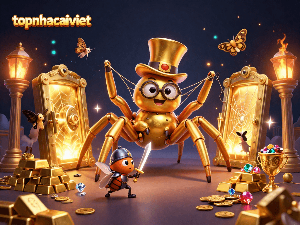Engage with topnhacaiviet in this vibrant casino scene featuring dynamic gold elements and exciting characters.