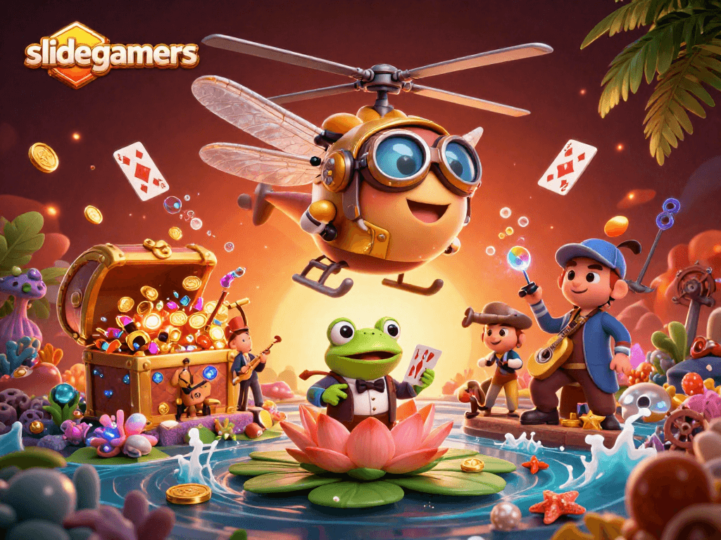 Engage with slidegamers at the vibrant lily pad casino where a dragonfly pilot and frog croupier bring excitement alive.