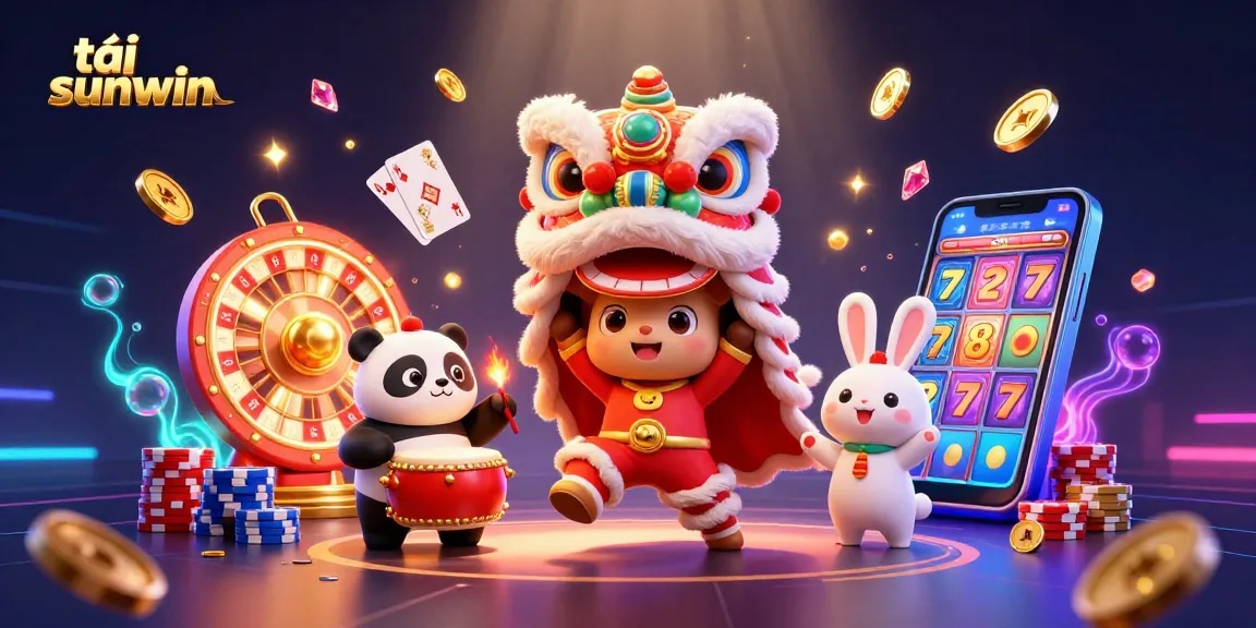 Experience the thrill of tải sunwin with an exciting 3D casino scene featuring lively characters and vibrant game elements.