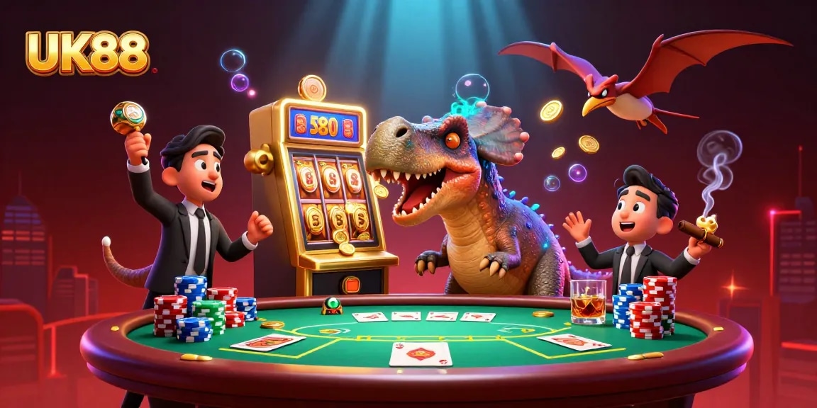 Catch jackpots and flying coins at UK88 with a thrilling 3D casino scene featuring unique characters.
