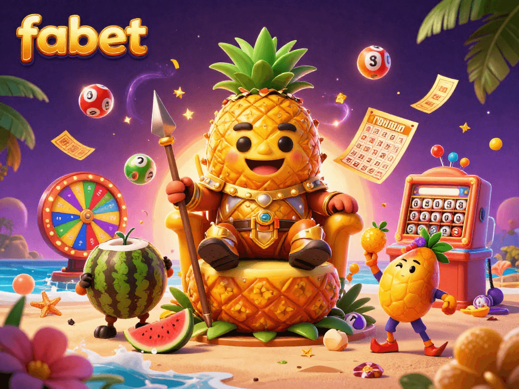 Join fabet for high-energy bingo and lottery action in a vibrant beach casino illustration.