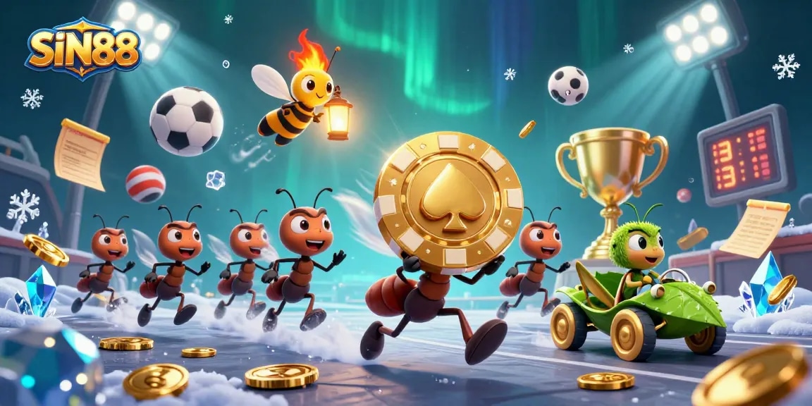 SIN88 showcases ants on a heist with a golden poker chip, surrounded by dynamic sports elements.