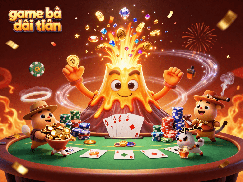 Engage in exciting game bài đổi thưởng with a triumphant volcano surrounded by poker elements and treasure animals.