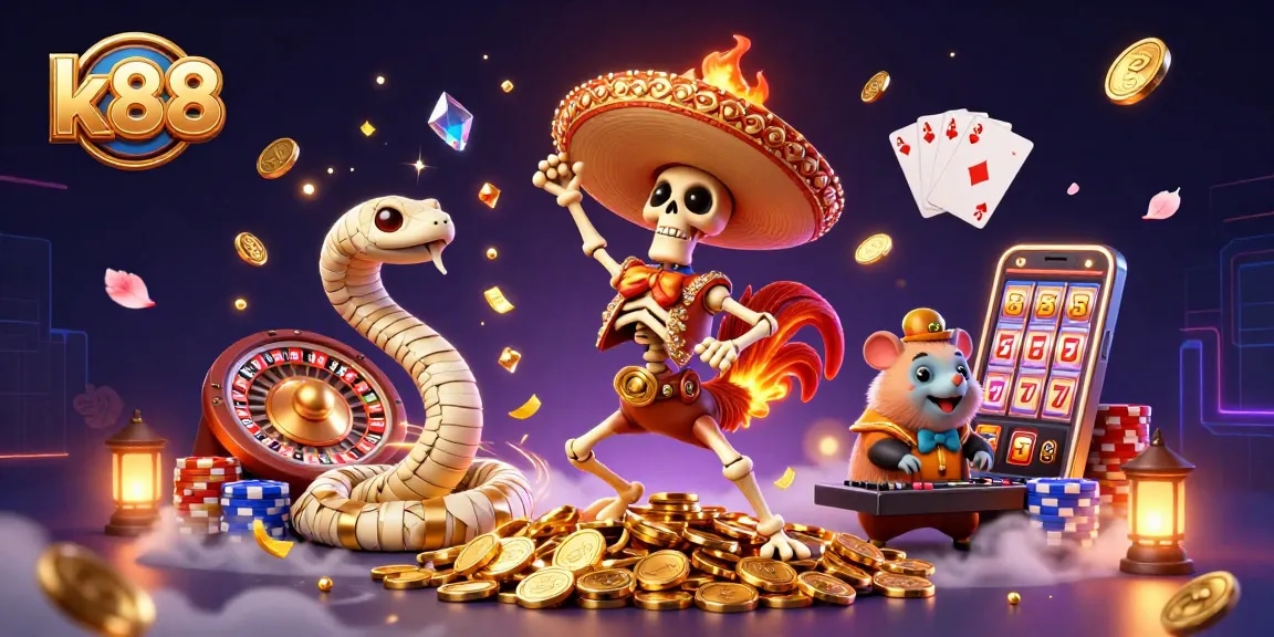 k88 celebrates wins with a colorful 3D casino scene of dancing characters and dynamic gaming elements.