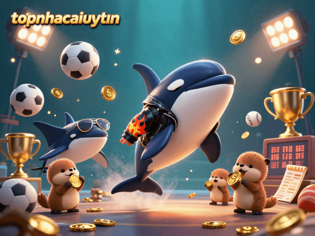 topnhacaiuytinn showcases 3D characters enjoying dynamic gambling action with gold coins in a vibrant casino illustration.