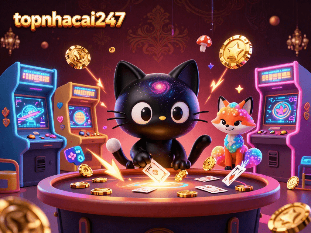 Join topnhacai247 in a cosmic casino adventure where a black hole cat and nebula fox attract winnings.