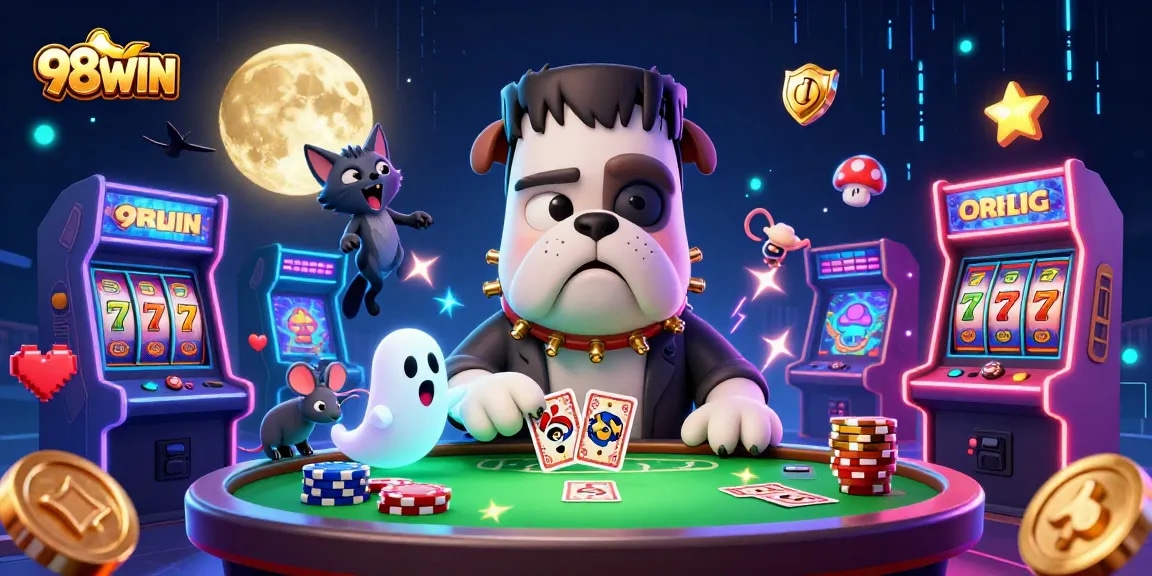 Experience the thrill of 98WIN with a spooky cartoon casino scene featuring cards, gold coins, and electrifying energy.