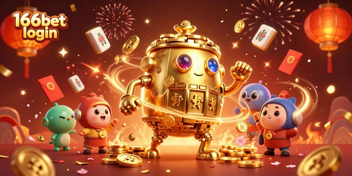 Experience the excitement of 166bet login with a captivating golden golem and casino elements.
