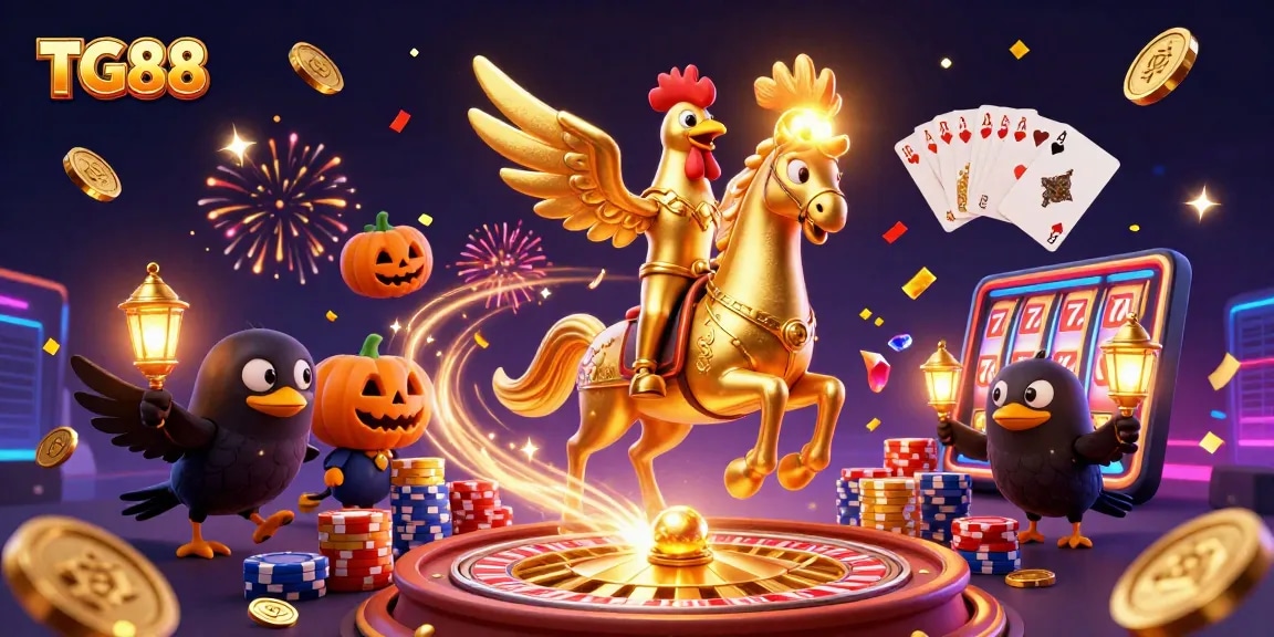Experience the thrill of winning with TG88, showcasing vibrant casino elements and dynamic characters.