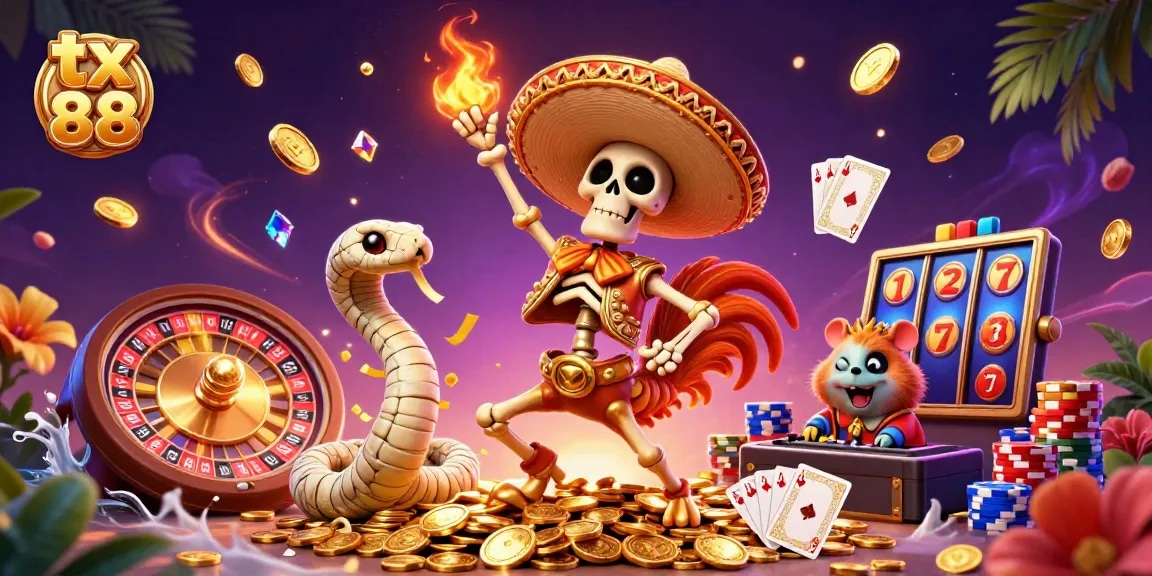 Spin to win at tx 88, enjoy the lively casino scene with golden coins and vibrant characters.