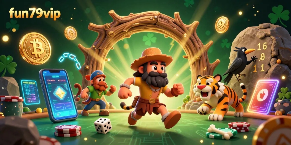 Experience fun79vip in a vibrant 3D casino scene with a caveman and saber-tooth tiger playing games.