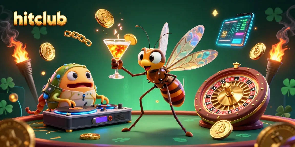 Engage with HitClub's unique casino experience featuring vibrant crypto-themed elements and lively characters.