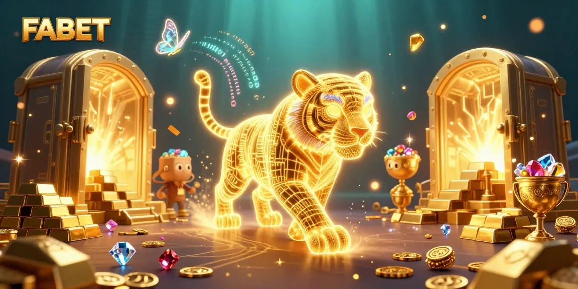 Experience the thrill of FABET's virtual casino with golden treasures and neon lighting.