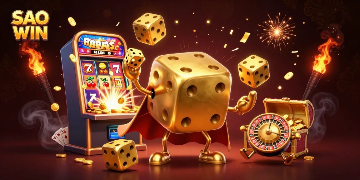 Engage with SAO WIN and explore vibrant casino thrills featuring a dynamic golden dice golem.