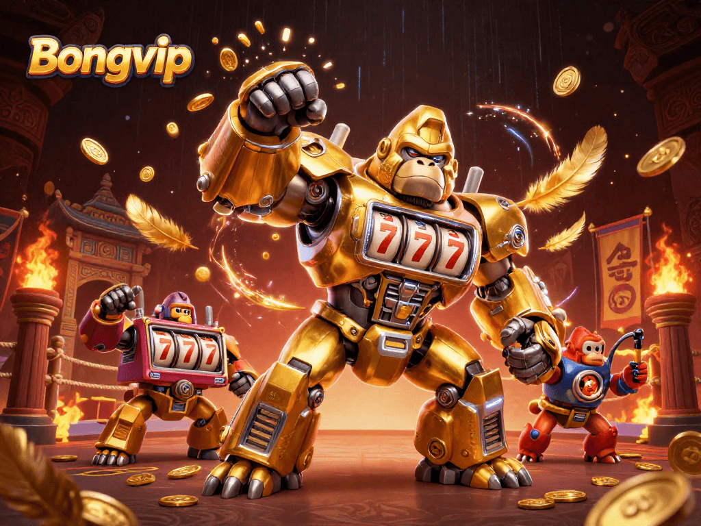 Bongvip features a 3D gorilla mech showcasing a dynamic gaming scene with explosive coins, embodying excitement.