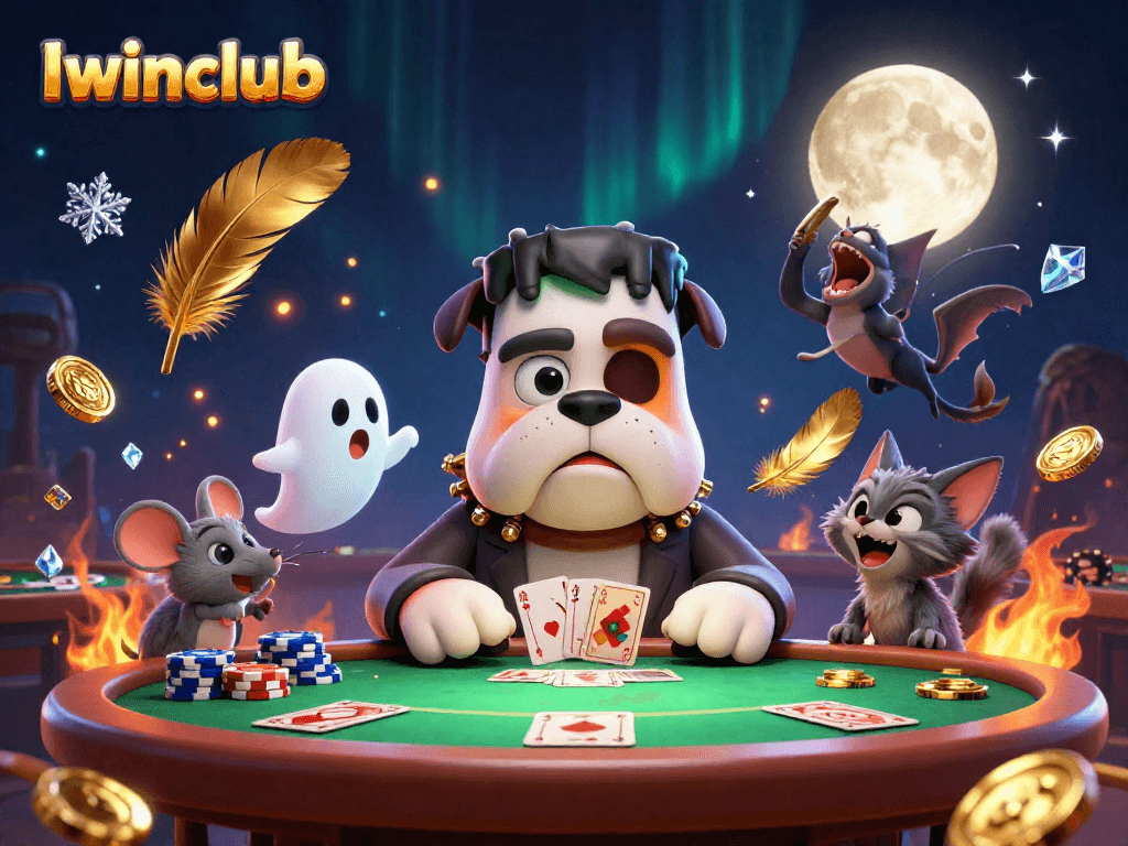 Iwinclub offers a lively poker scene with a Frankenstein bulldog dealing cards among vibrant casino elements
