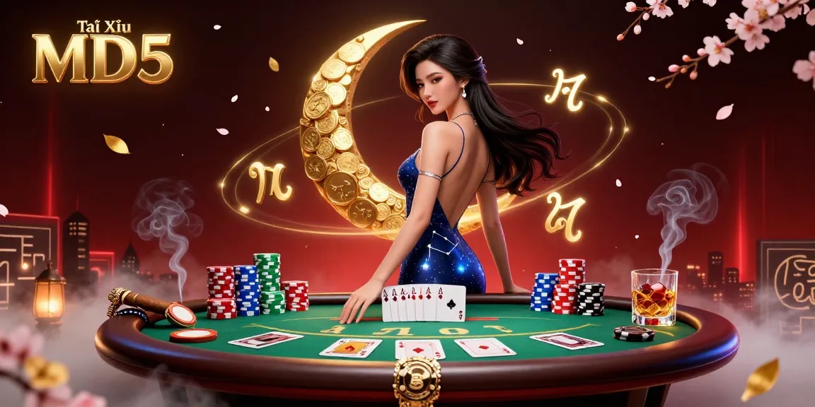 Engage with Tài Xỉu MD5 in a captivating 3D casino scene filled with dynamic poker elements.