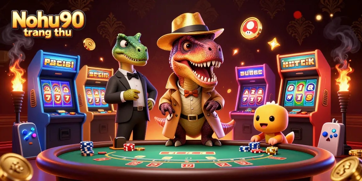 Nohu90 trang chủ showcases a thrilling 3D scene of a velociraptor card counter and a stegosaurus pit boss at a vibrant casino.
