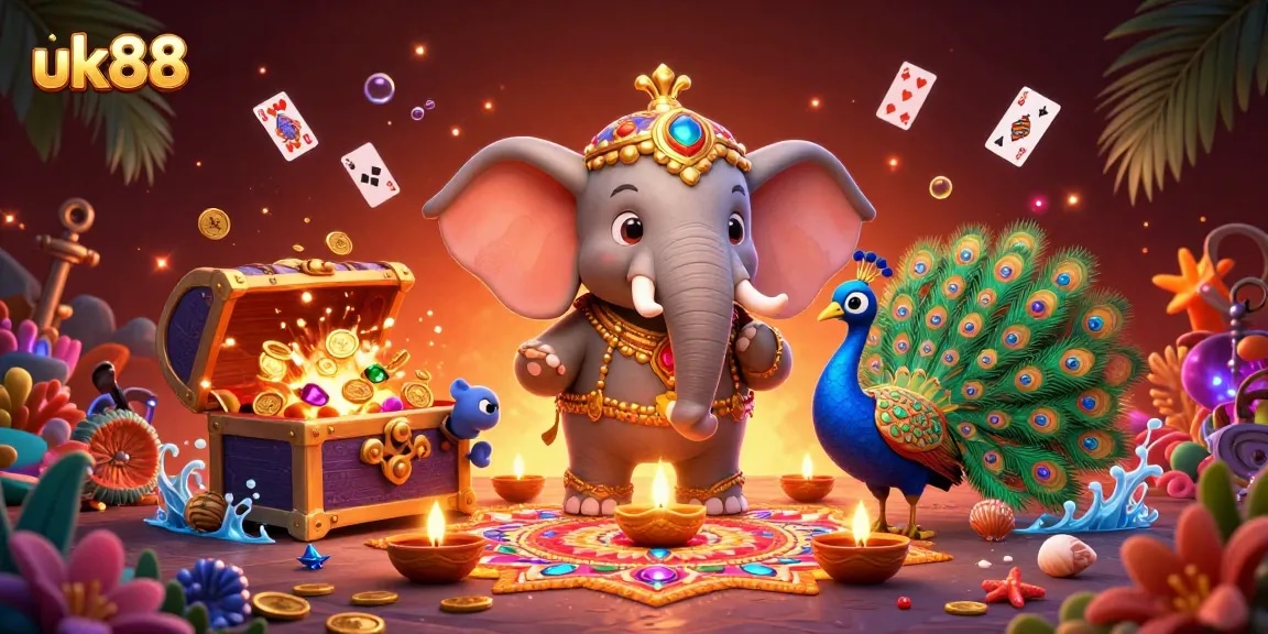 Engage in thrilling gaming with uk88's vibrant casino atmosphere featuring colorful characters and popping elements.